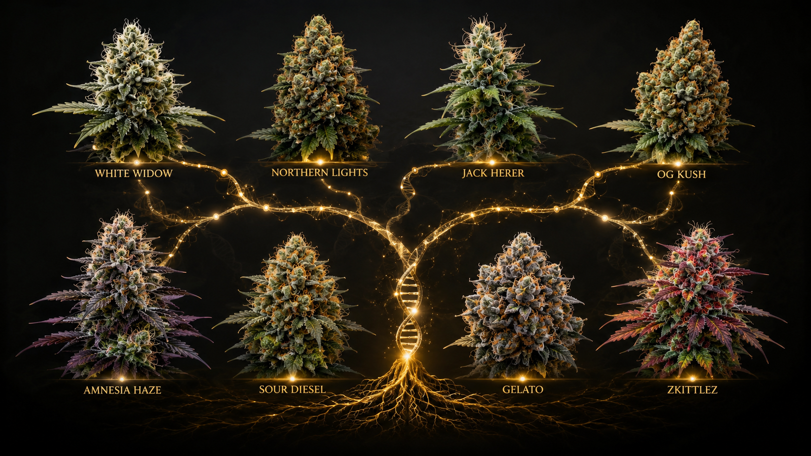 Cannabis Keyword Strain Übersicht mit Genetik und Aromaprofilen