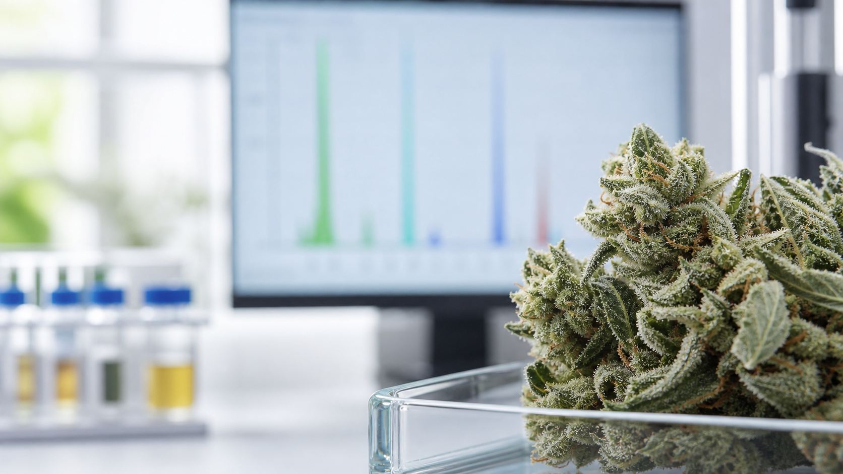 Cannabisblüte mit Trichomen im analytischen Laborumfeld