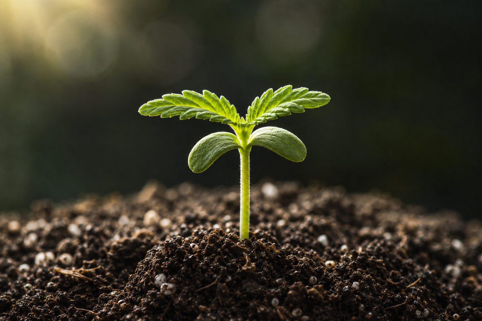 Junger Cannabis-Sämling als Beispiel für frühe Pflege nach der Keimung