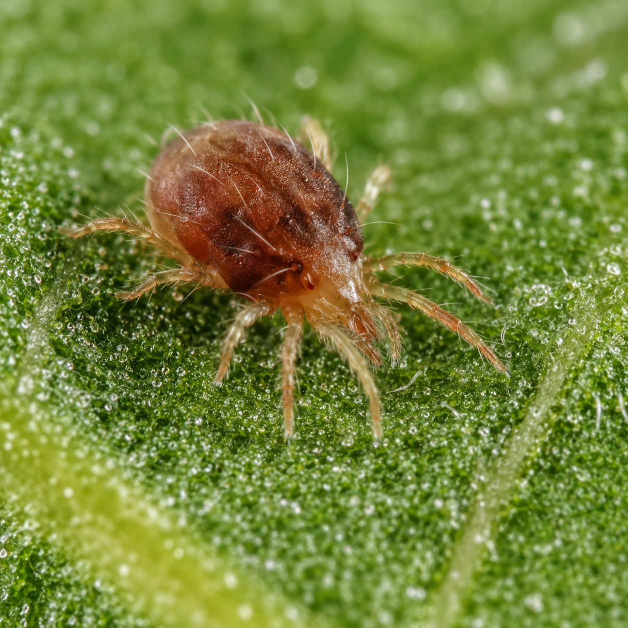 Spinnmilbe als Symbolbild auf einem Cannabisblatt